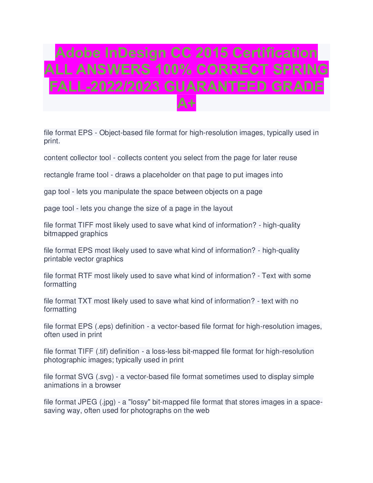 Preview of Adobe InDesign CC 2015 Certification ALL ANSWERS 100% CORRECT SPRING FALL-2022/2023 GUARAN
